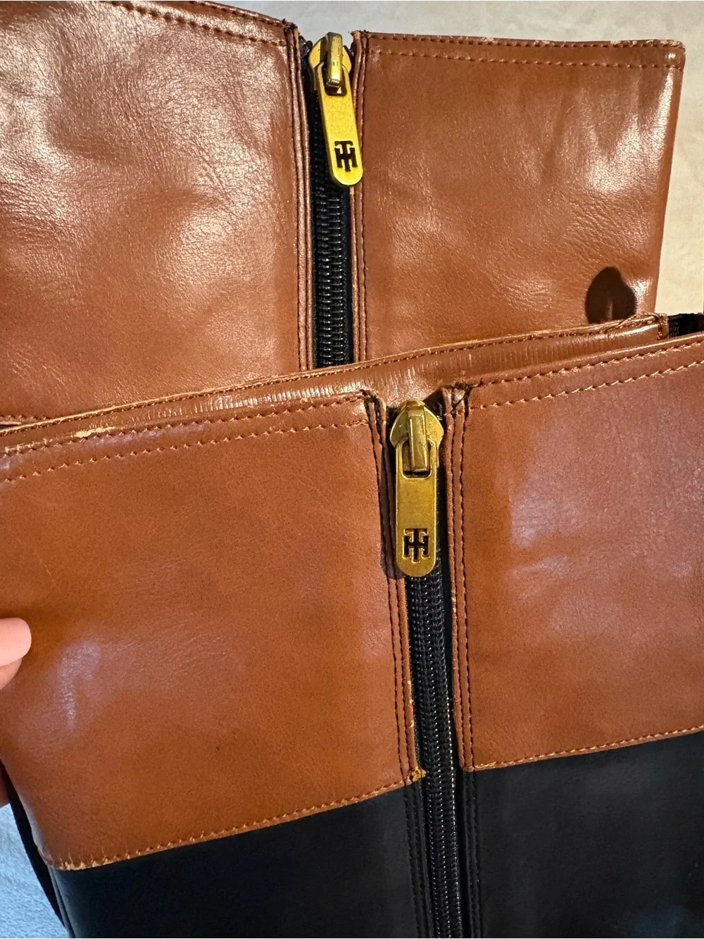 Tommy Hilfiger Black and Brown Leather Riding Boots with Gold Logo
